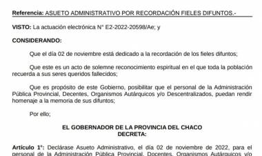 Luenes 31 jornada no laborable en la Adm.Publica de Chaco y el gobierno decreto asueto para el miercoles 2,Dia de los Fieles Difuntos